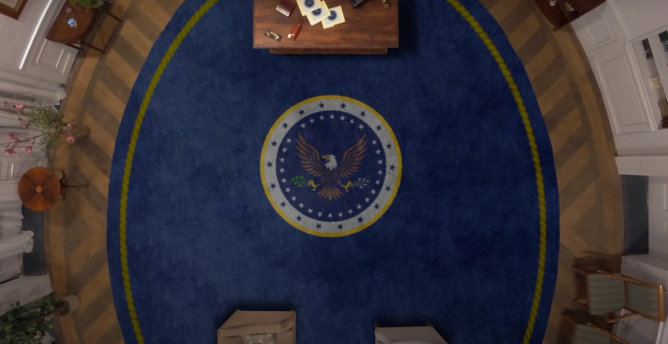 a screenshot from a ZipRecruiter ad depicting the oval office carpet from the top down