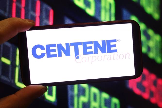 In this photo illustration, the Centene company logo is seen displayed on a smartphone screen.