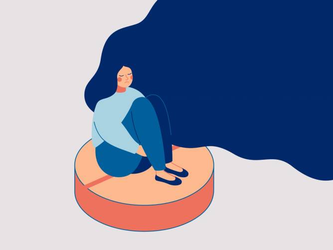 An illustration of a woman sitting on a pill.