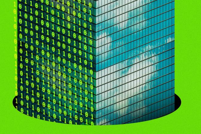 Corporate building with neon green code on one side - V4