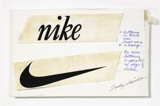 An early sketch of the Nike logo that includes notes and the signature of the person who designed it, Carolyn Davidson.