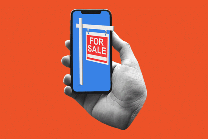 A for sale sign in a hand against an orange background