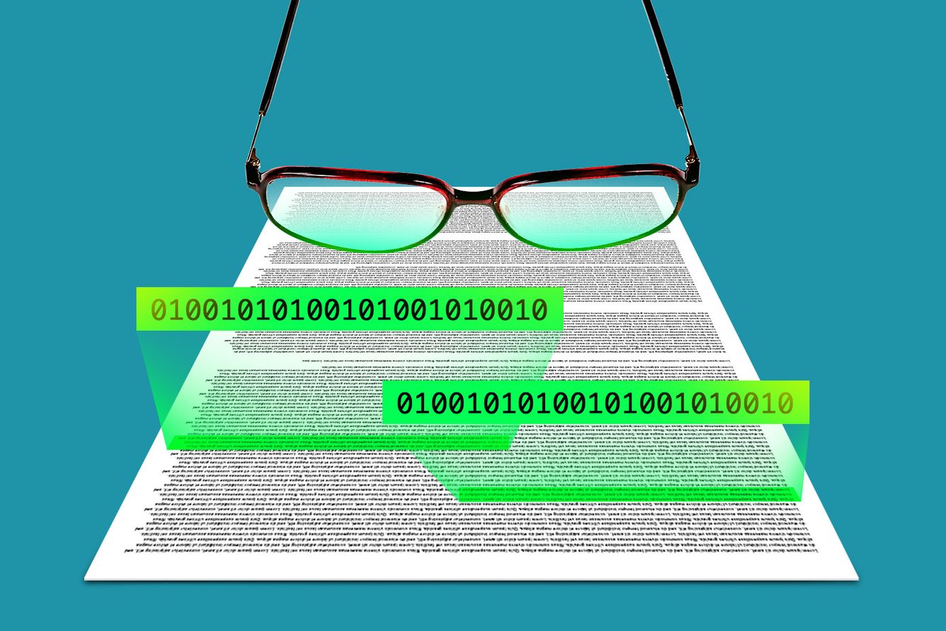 A pair of glasses overlooking an article of text, while hovering code is emerging from highlighted lines of copy.