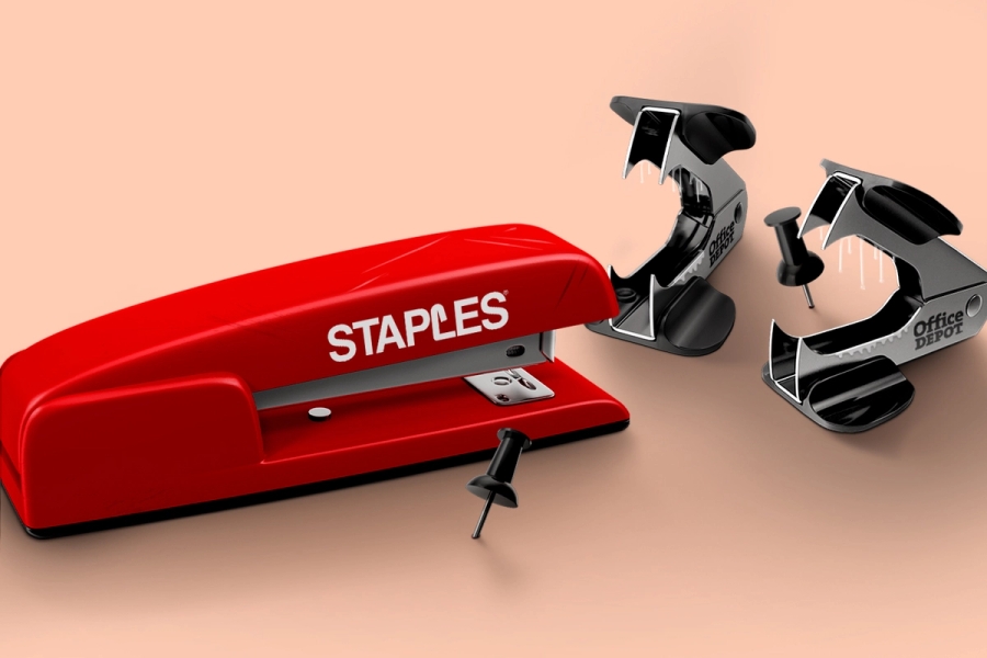 A stapler and staple removers labeled "Staples" and "Office Depot" 