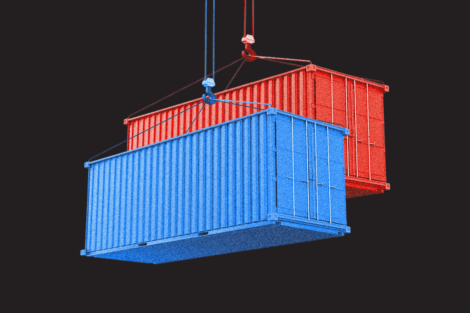 兩個貨櫃，一個紅色，一個藍色，由起重機吊鉤吊起