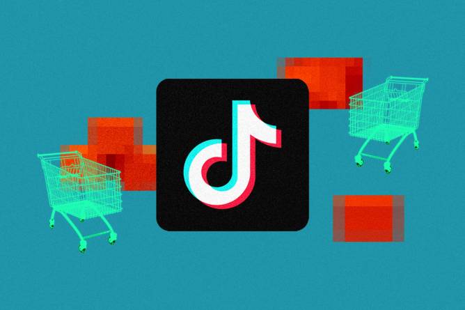 TikTok logo surrounded by shopping carts and pixelated boxes.