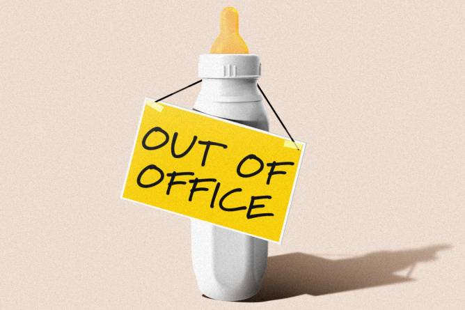 Out of office sign hanging from a infant bottle