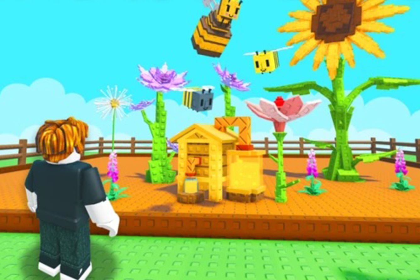 Grow a Garden still from game. Character looking at sunflower plot with honeybees.