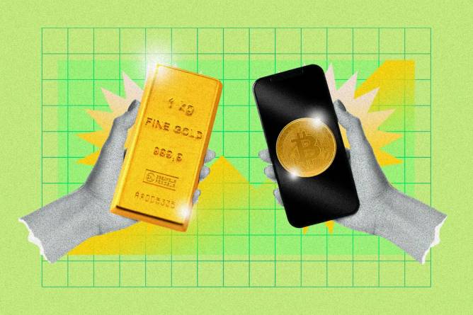 A gold bar and a bitcoin symbol on a phone