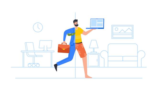 A drawing of a man on the left side of his body, he's in work clothing with an office behind him. On the right, he's in casual clothing with a living room behind him.