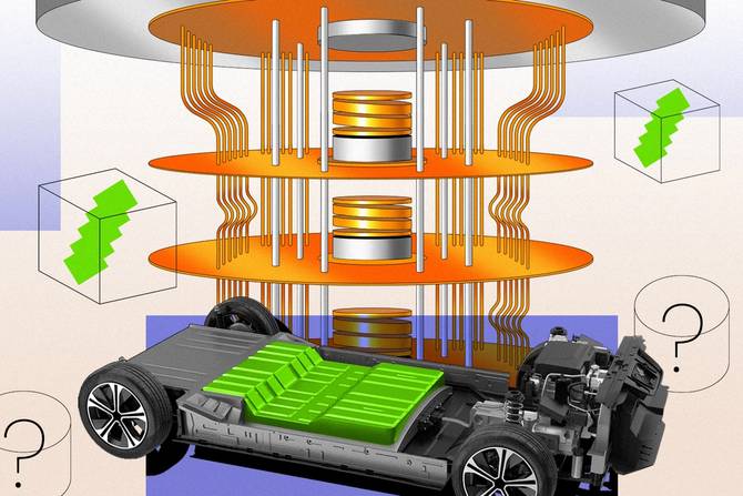 Image of a car battery with a quantum computer in the background