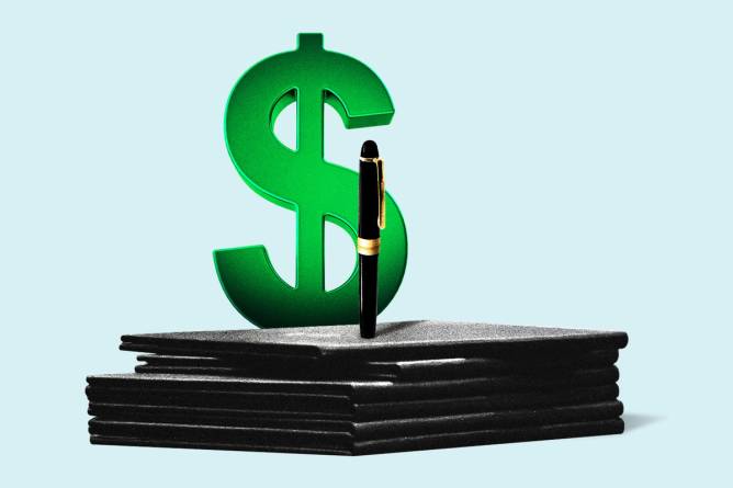 A dollar sign looming over a stack of papers with a pen balanced on top