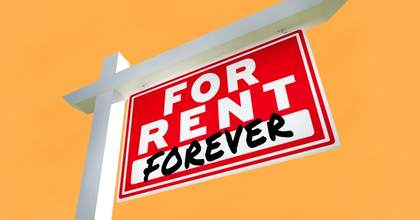 A “For Rent Forever” sign hanging in front of an orange background
