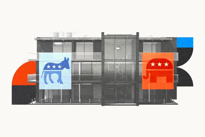 Democratic and Republican symbols displayed on office building.