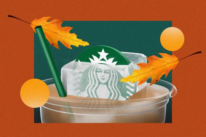 Starbucks logo frozen in ice cube in iced coffee with leaves and fall colors around it.