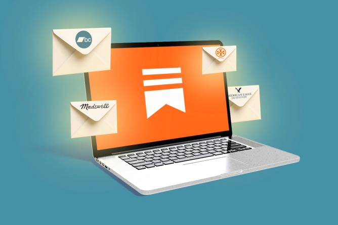 a laptop with the Substack logo on the screen surrounded by four envelopes with the logos for American Eagle Outfiters, Madewell, Tory Burch, and BandCamp on them