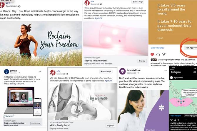 a smattering of Facebook and Instagram ads related to products for women's health