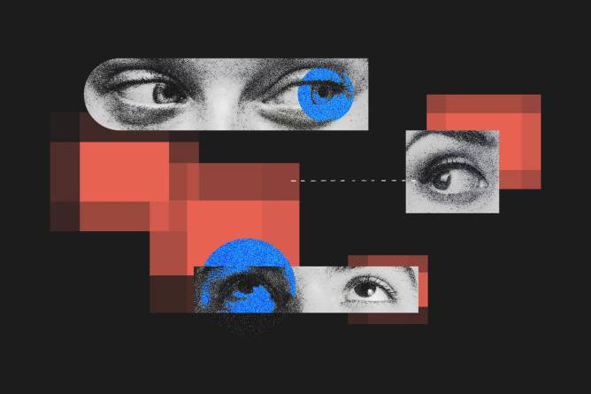 Collage of different set of eyes and pixelated screen. Credit: Illustration: Anna Kim, Photos: Adobe Stock