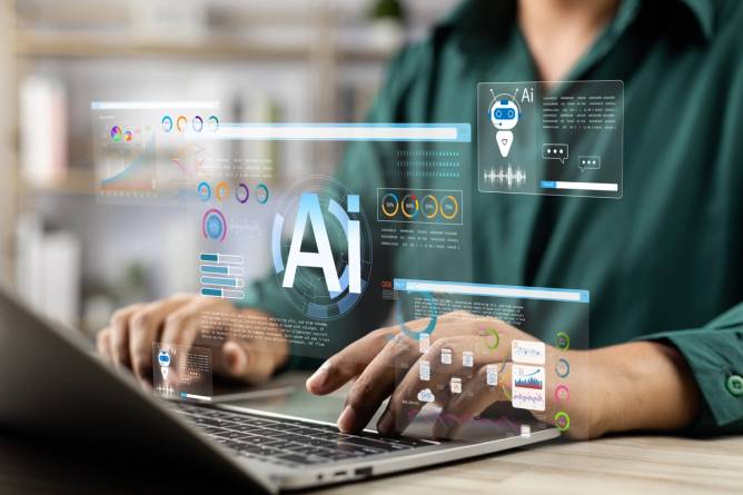Close-up of computer screen depicting AI-powered work efficiency tools.