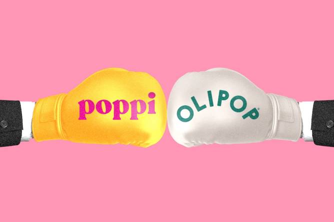 Poppi and Olipop logos on boxing gloves. Credit: Illustration: Morning Brew Design, Photos: Poppi, Olipop