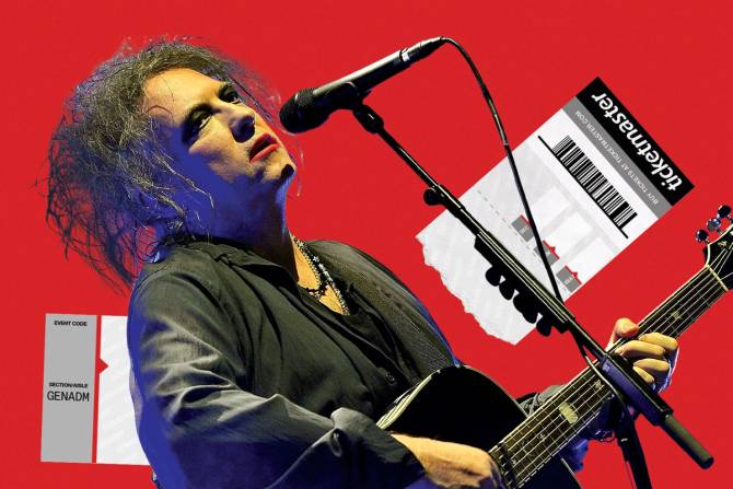 The Cure lead singer Robert Smith against a torn Ticketmaster ticket