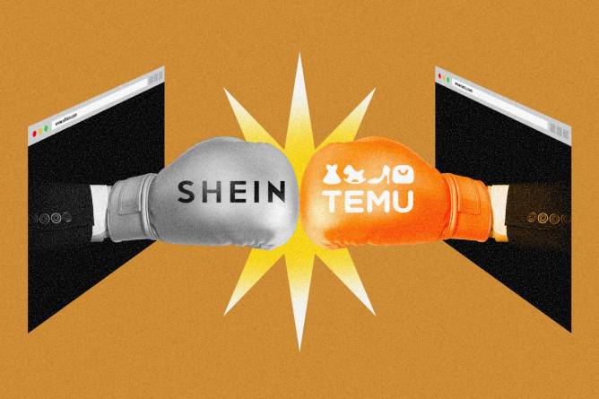 Two computer screens with boxing gloves coming out and punching each other. One glove says “Shein” and the other says “Temu.”