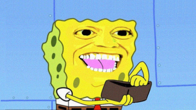 Spongebob reaching into his wallet, but he has a really creepy smiling, human face.