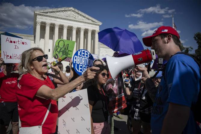 Abortion protesters gather with signs and megaphones outside the US Supreme Court.