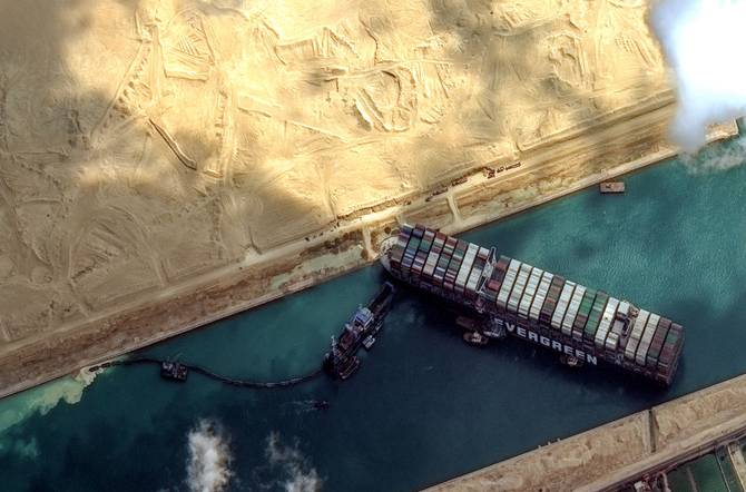 An overhead image of the Ever Given stuck in the Suez Canal