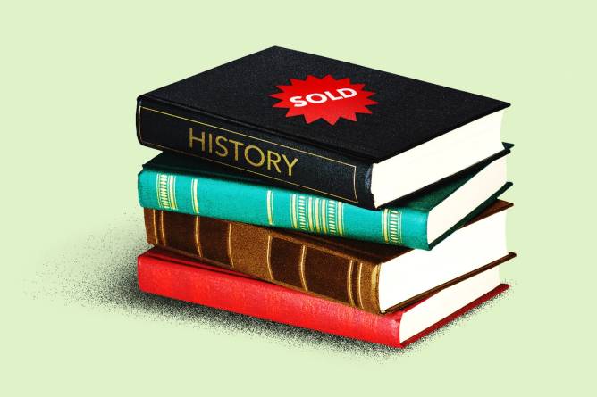 A pile of books with the one called history sporting a sold stickker