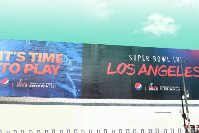 Super Bowl LV signage in LA showing Pepsi as official sponsor