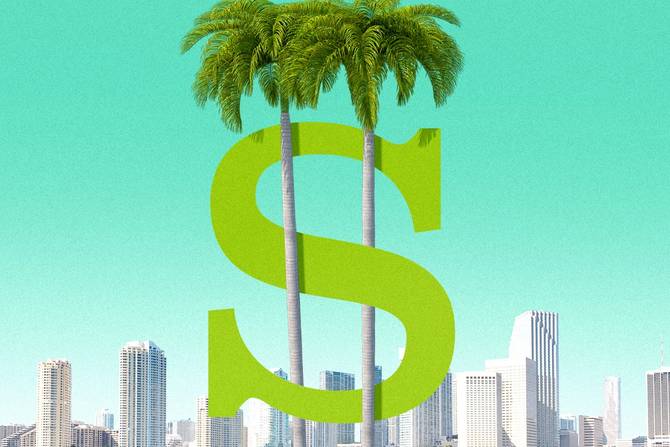 Dollar sign with two palm trees and giant "S" in front of Miami skyline.