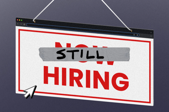 "Now hiring" sign with "still" written in