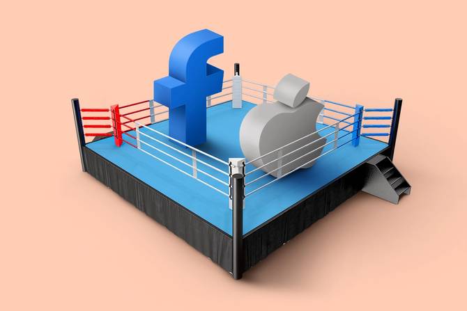 Facebook and apple logos in a boxing ring