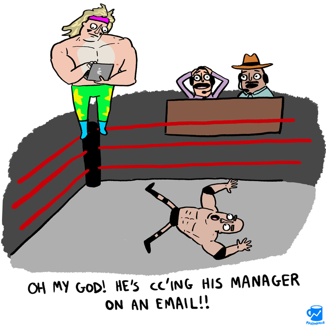 Two people wrestling and one is cc'ing his manager on an email