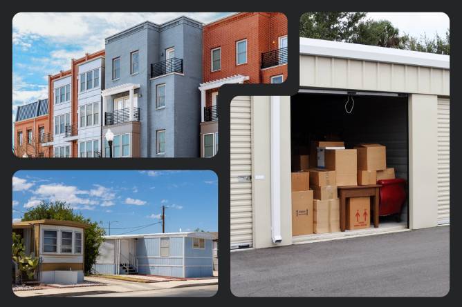 collage of mobile home park, storage facility, and apartments