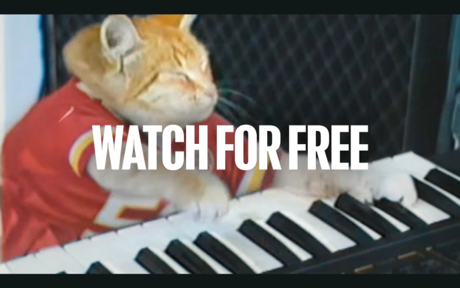 "WATCH FOR FREE" is displayed over a video of the "Keyboard Cat" meme, part of "Dueling Cats" YouTube ad promoting its regular-season NFL game in September