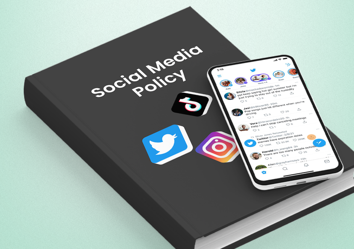 Book titled social media policy with phone and social media logos on top
