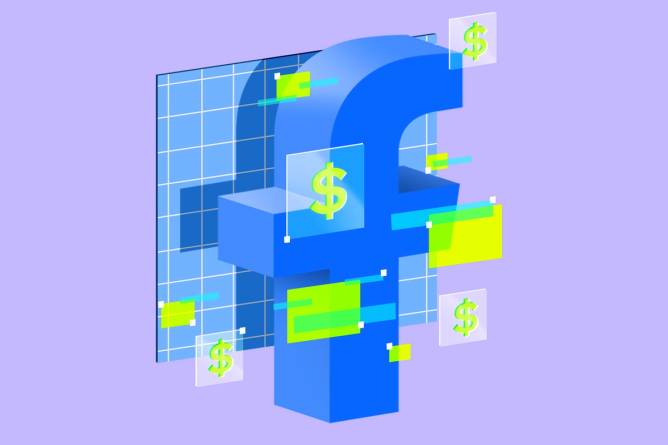 Facebook logo with ads and revenue windows hovering in front