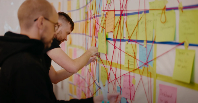 Image of two men affixing post-it cards to a wall filled with colored grids and notes all connected with yarn