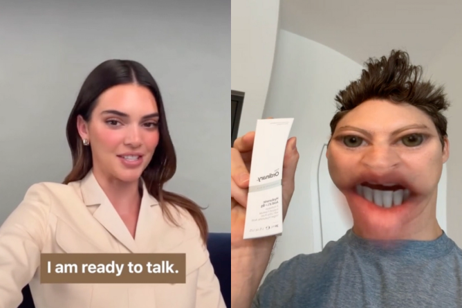 On the left, a screenshot from a video of Kendall Jenner promoting Meta’s new AI chatbots; on the right, a screenshot of TikTok creator Brian Jordan Alvarez, in character as TJ Mack, promoting products from The Ordinary