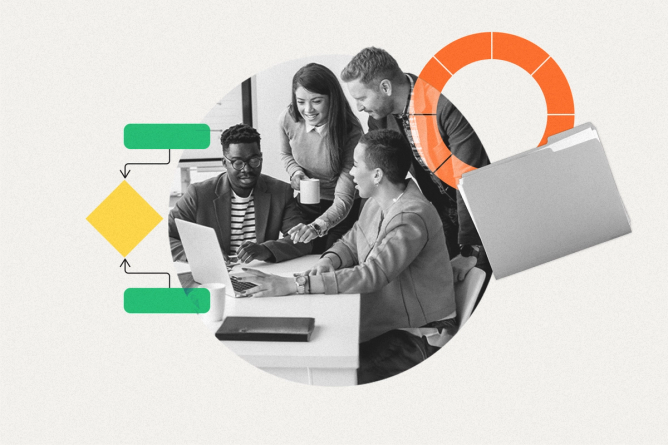 Four business people around a computer in a discussion surrounded by various graphics