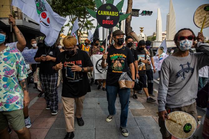 Thai activists take part in a pro marijuana rally on April 20, 2022 in Bangkok, Thailand. To celebrate World Cannabis Day Thai activists marched from Democracy Monument to Khaosan Road to promote the legalization of marijuana in Thailand for recreational use. 