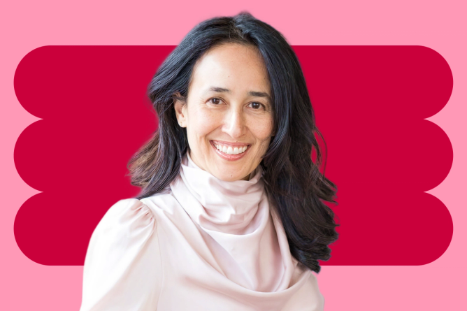 A portrait of co-founder and CEO of AI product creation platform Arcade, Mariam Naficy against a pink background.