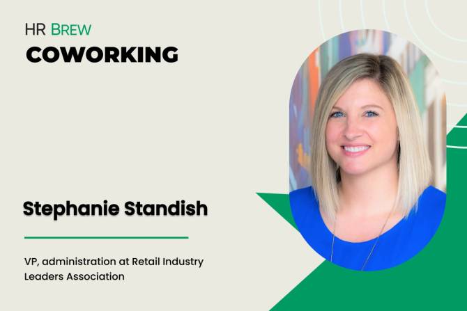 grey card that says stephanie standish, VP, administration at Retail Industry Leaders Association, next to oval cut out of headshot of blonde woman smiling with blue blouse