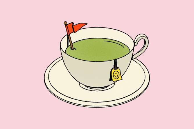 Illustration of cup of tea with red flag in it.