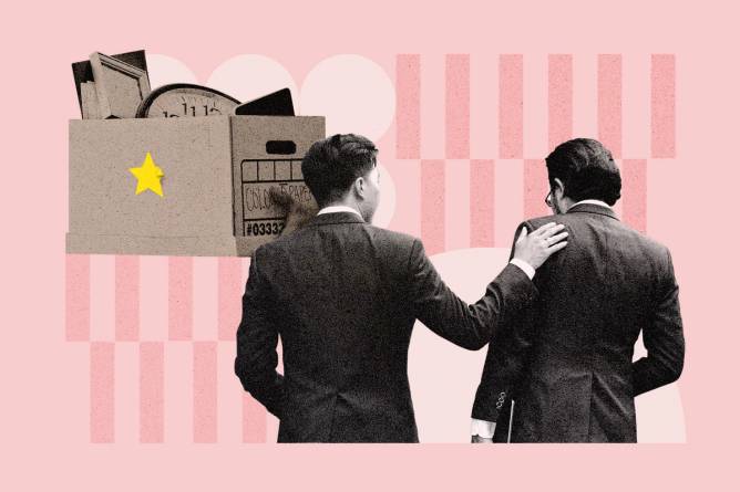 Mixed collage of a figure patting another on the back and a storage box.