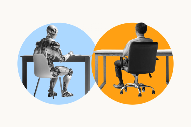 An AI robot robot sitting side by side with a businessman at an office desk working