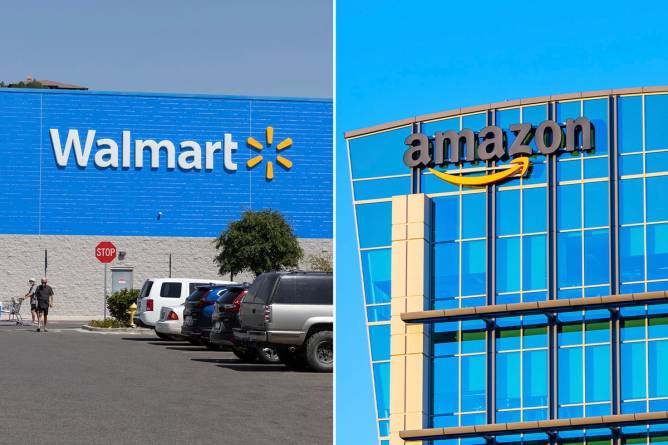 Split image of Walmart store and Amazon office