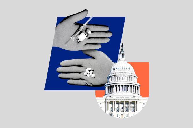 Collage of the Capitol building and hands wearing medical gloves holding pills and a vaccine bottle, arranged within abstract shapes.